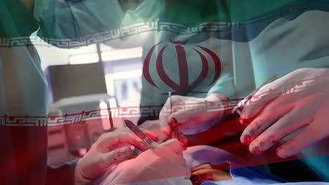 Animation-of-flag-of-iran-waving-over-surgeons-in-operating-theatre