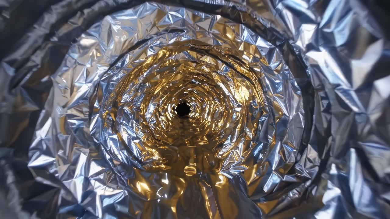 Wrinkled metallic surface forming a tunnel with a mesmerizing vortex effect, creating an abstract and intriguing visual with light reflections
