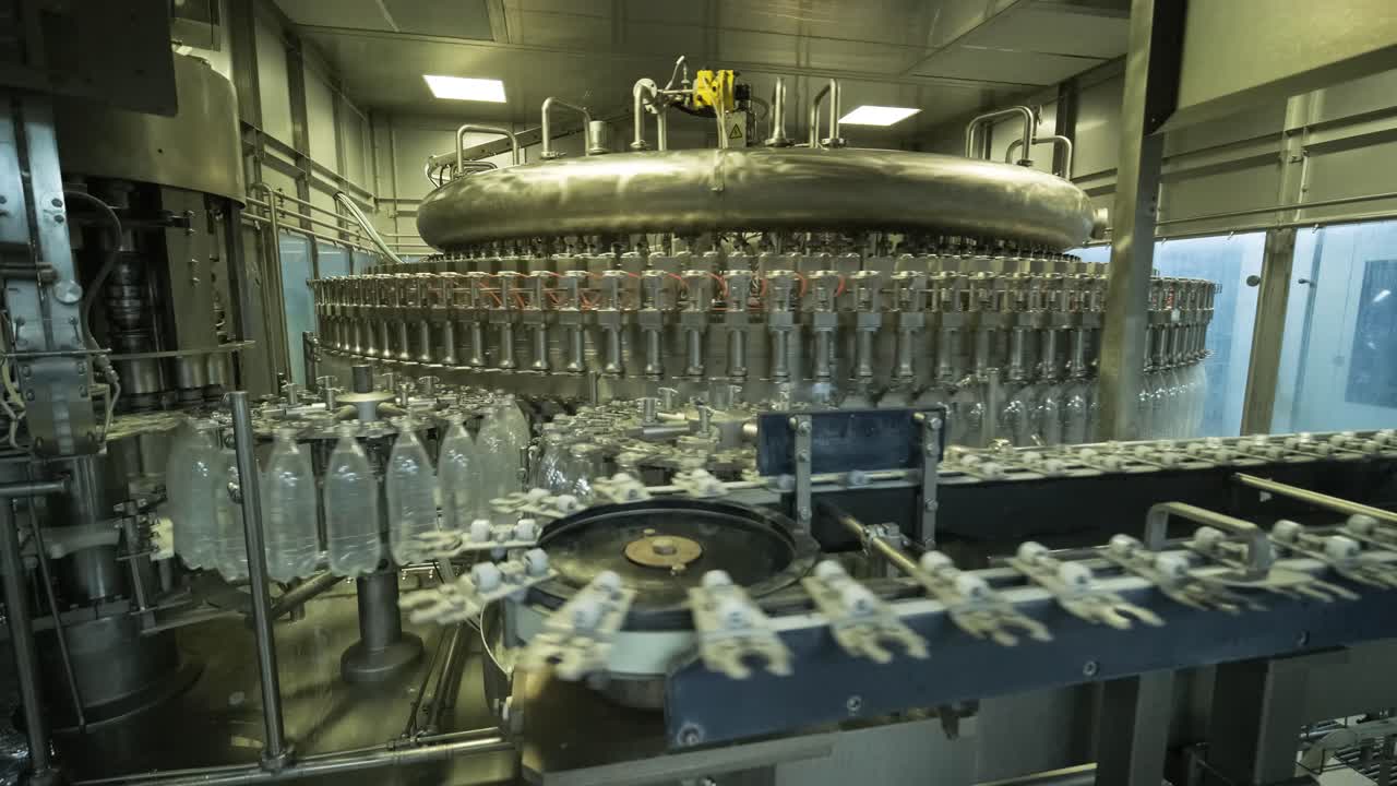 Automatic filling machine pours water into plastic PET bottles at modern beverage plant