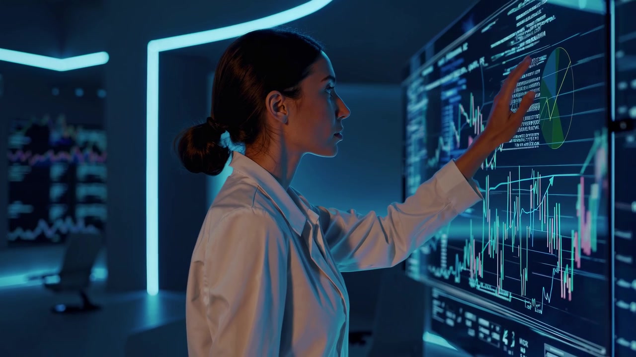 Woman Analyzing Digital Data on Futuristic Interactive Screen