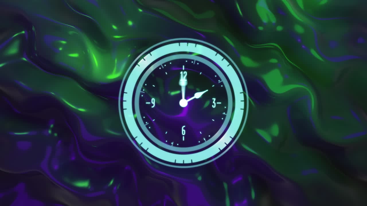 animación de un reloj moviéndose rápidamente sobre un fondo líquido