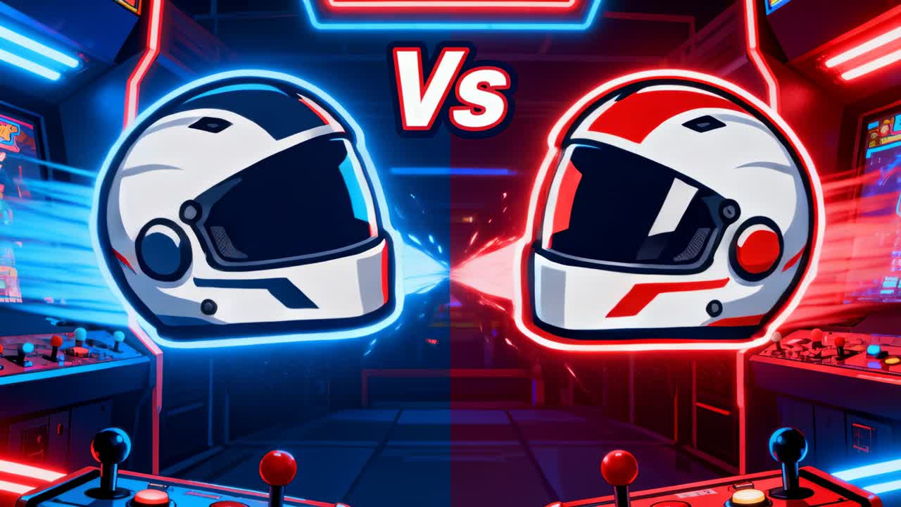 Kaksi kypärää hehkuu ja ajelehtii V:n sykkiessä, lähettäen neonenergiareittejä arcade-mittelöön.