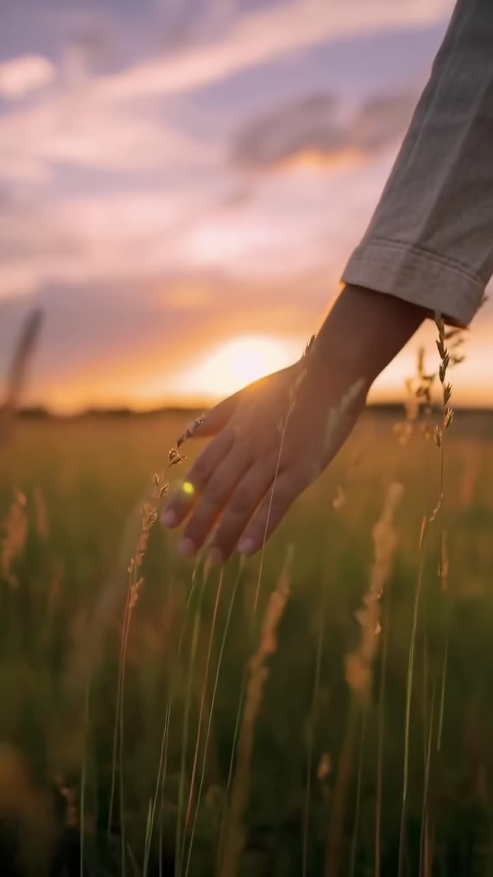 Video ravvicinato di una mano che accarezza l'erba alta al tramonto, catturando un'atmosfera serena e calda, Live
