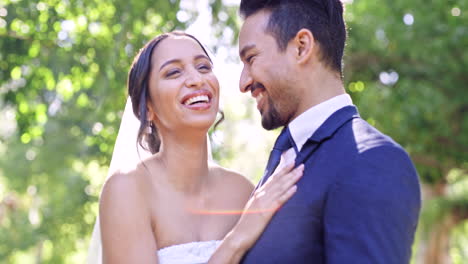 wedding, couple and laughing in park