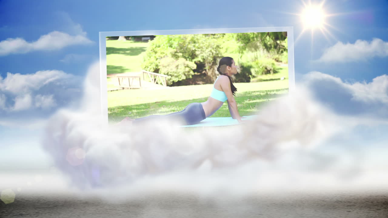 야외 요가 클립을 선보이는 손