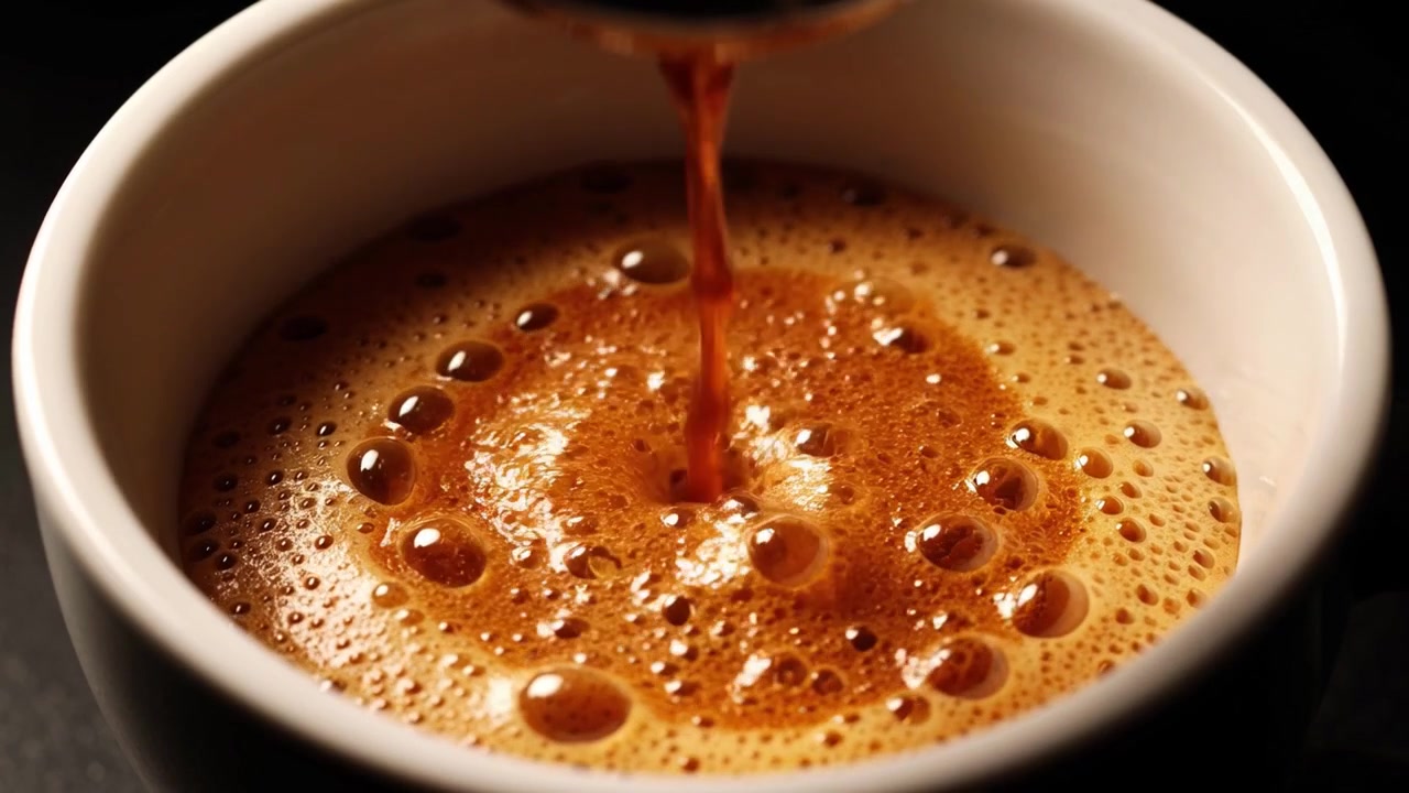 Caffè espresso fresco versato in una tazza di ceramica bianca