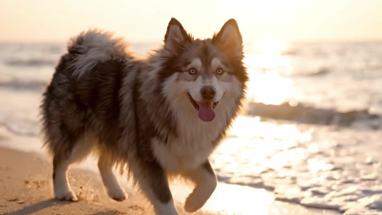 Un cane maestoso che passeggia lungo la riva al tramonto, abbracciando la serenità della spiaggia e le onde delicate sotto la calda luce splendente.