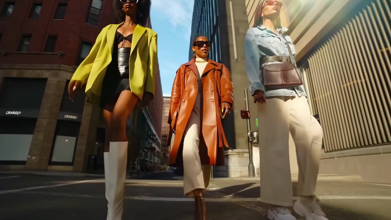 Stylish Young Women Walk Confidently Through a Sunny City Street