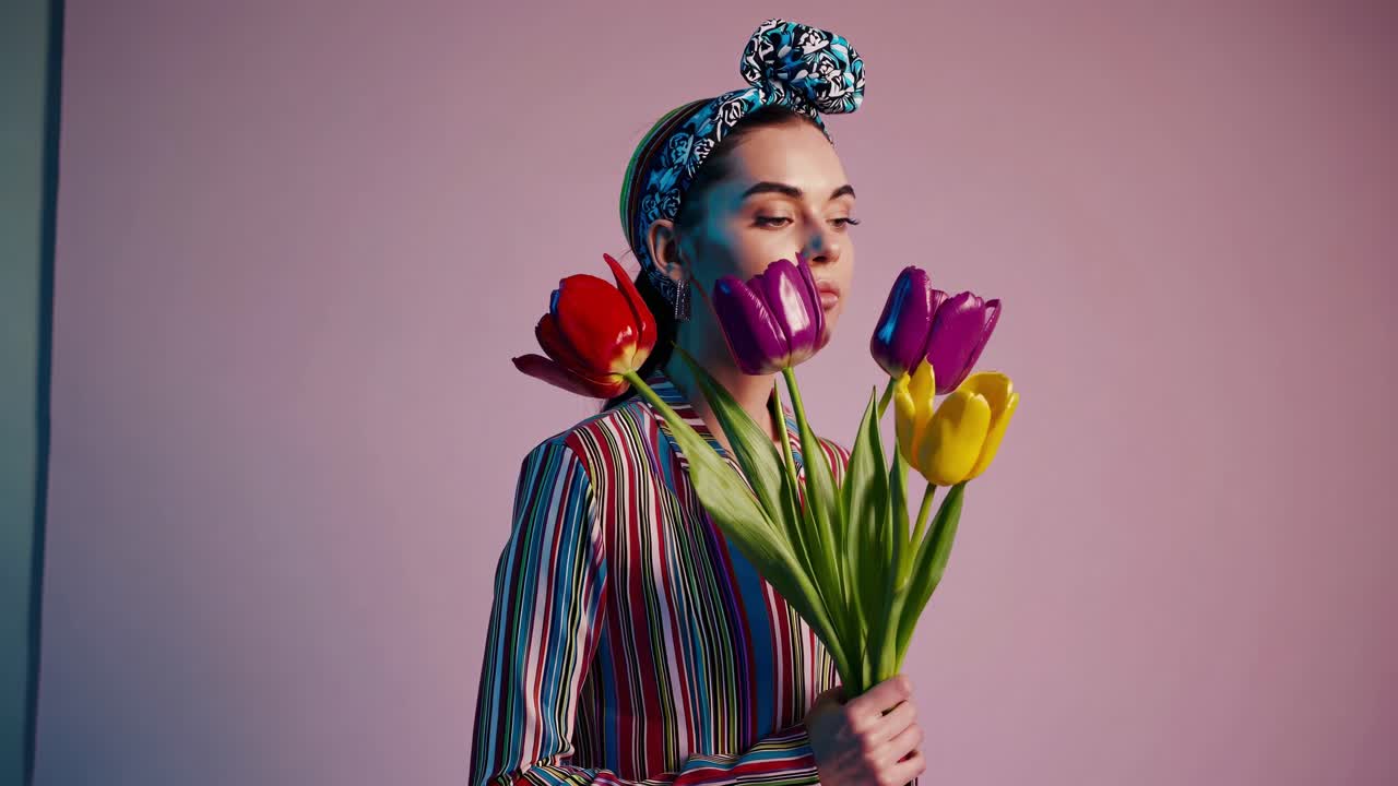 Fashion model holding a bouquet of colorful tulips, wearing a stylish headband and striped outfit, posing against a vibrant backdrop in a professional studio