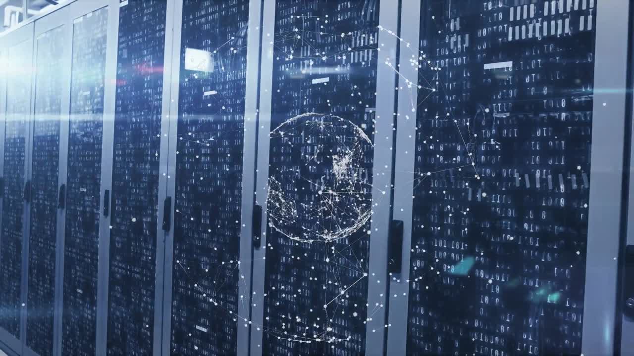 Animation of globe made of connections rotating over servers