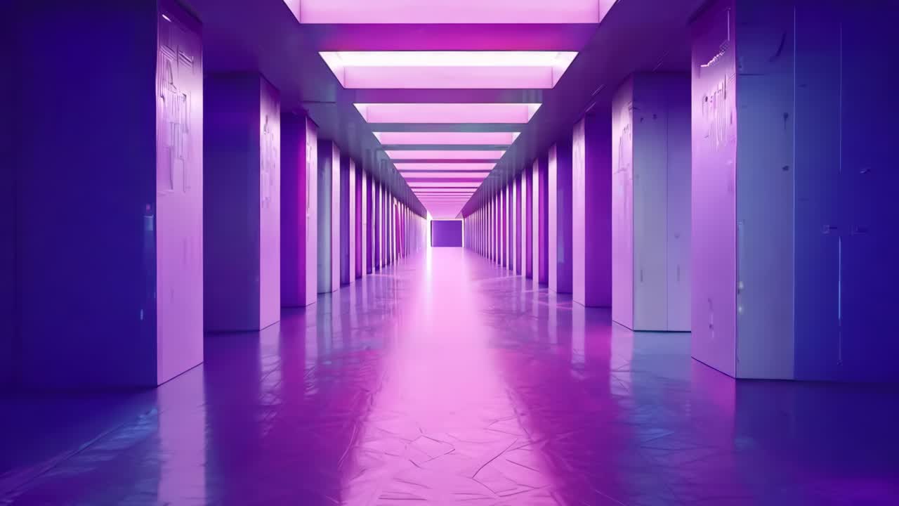보라색 벽과 색 바닥이 있는 긴 복도