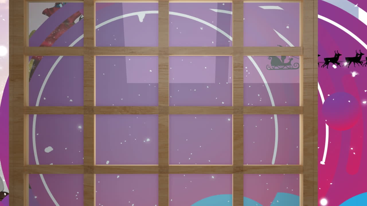 animación de navidad santa claus en trineo con renos y nieve cayendo visto a través de la ventana
