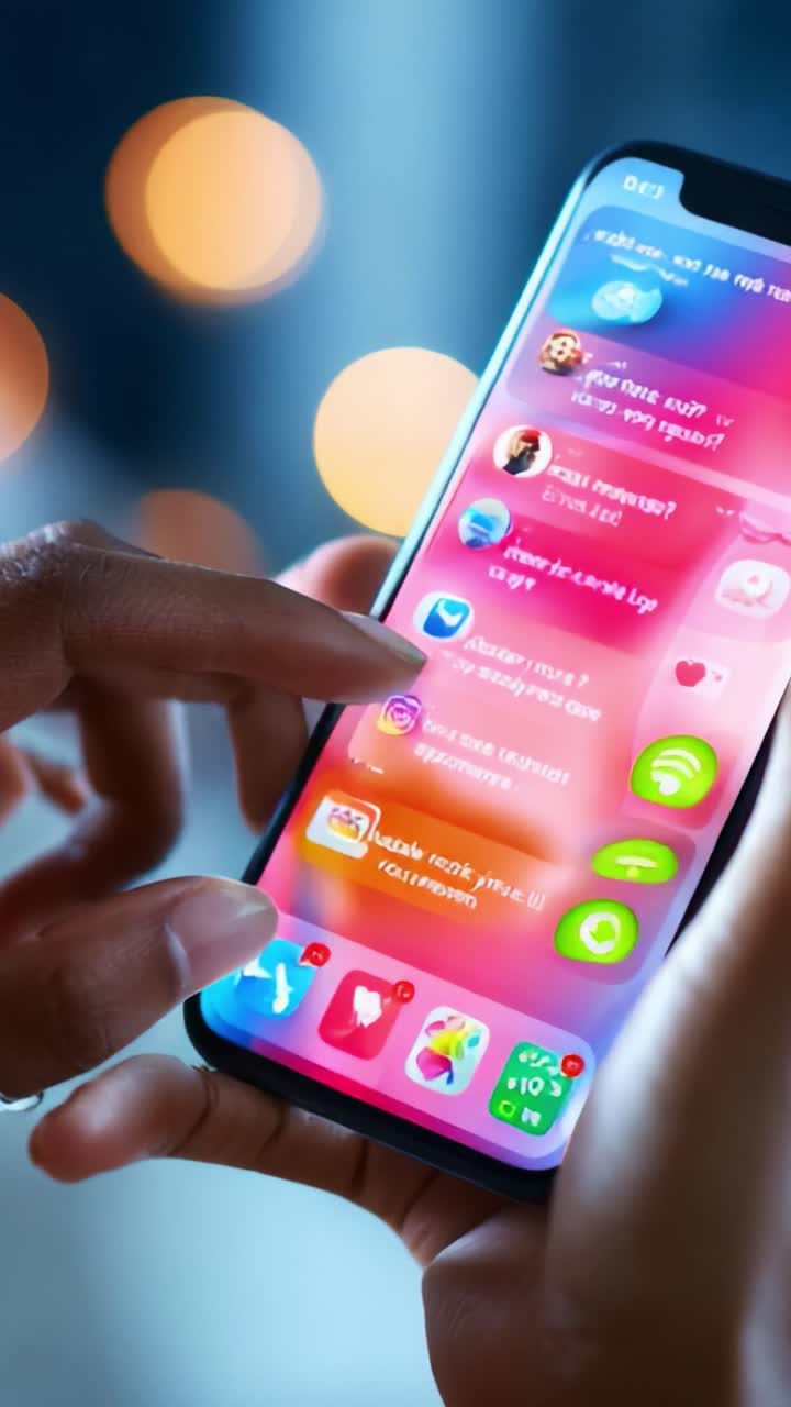 A close-up view of a person's hand interacting with a smartphone, showcasing various colorful app icons on the screen in a visually appealing and modern digital environment, ideal for highlighting technology and connectivity