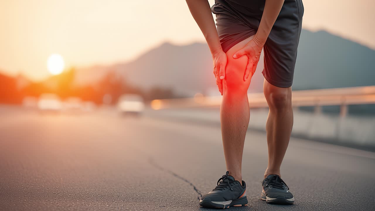 Athlete experiencing knee pain during sunset jogging on road