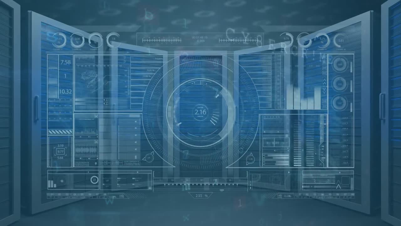 Animation of scope scanning and data processing over tech room with computer servers