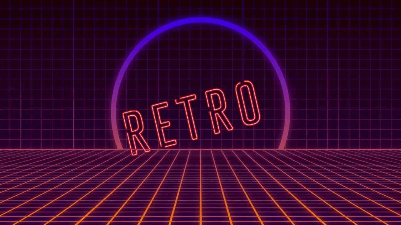 네온 원과 그리드 위에 네온 문자로 움직이는 레트로 텍스트의 애니메이션