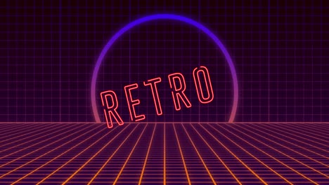 Animation-of-moving-retro-text-in-neon-letters-over-neon-circle-and-grid