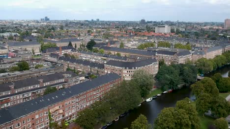 Vista-Aérea-Del-Barrio-Y-Canal-De-Oud-zuid-En-El-Distrito-Sur-De-Amsterdam,-Países-Bajos