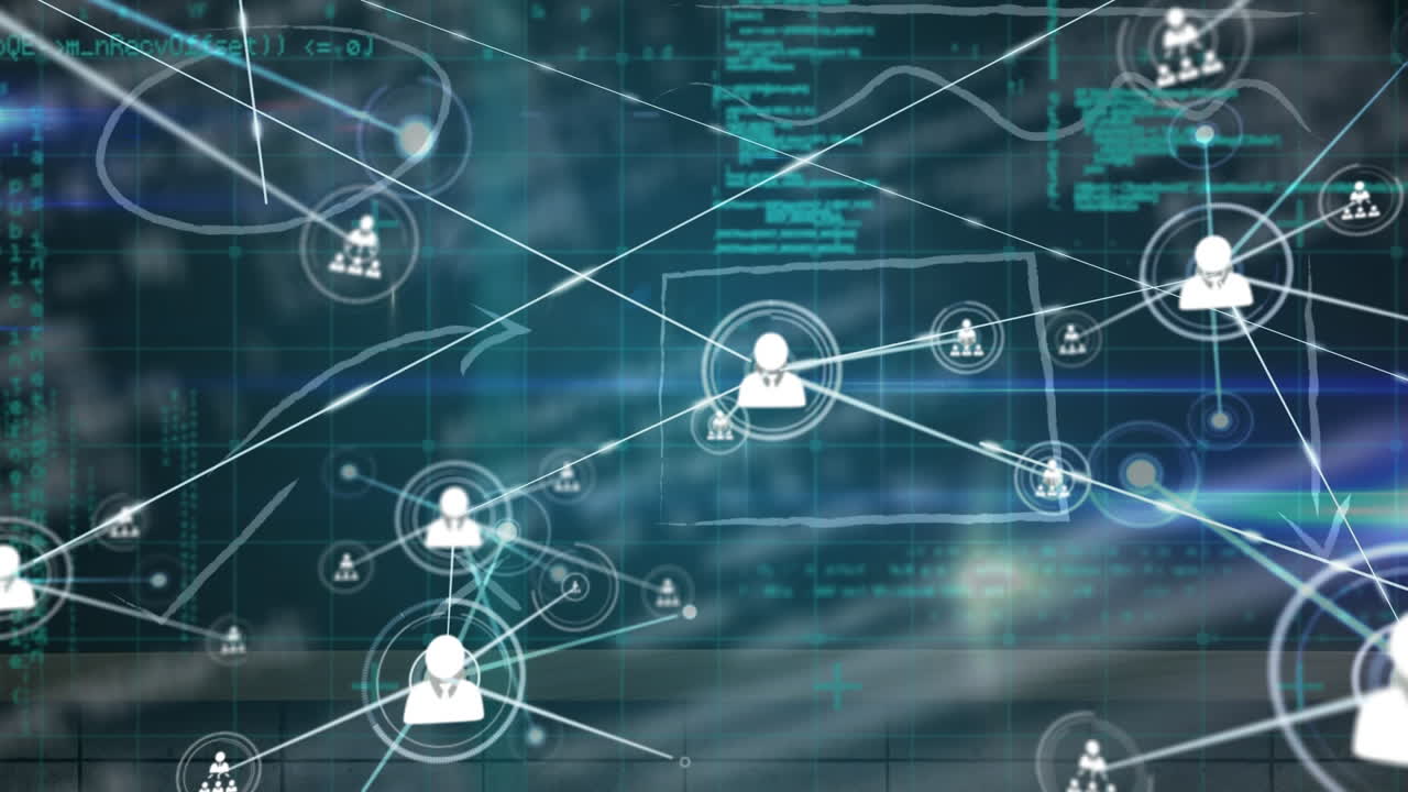 animación de la red de iconos de perfil y procesamiento de datos contra un fondo azul