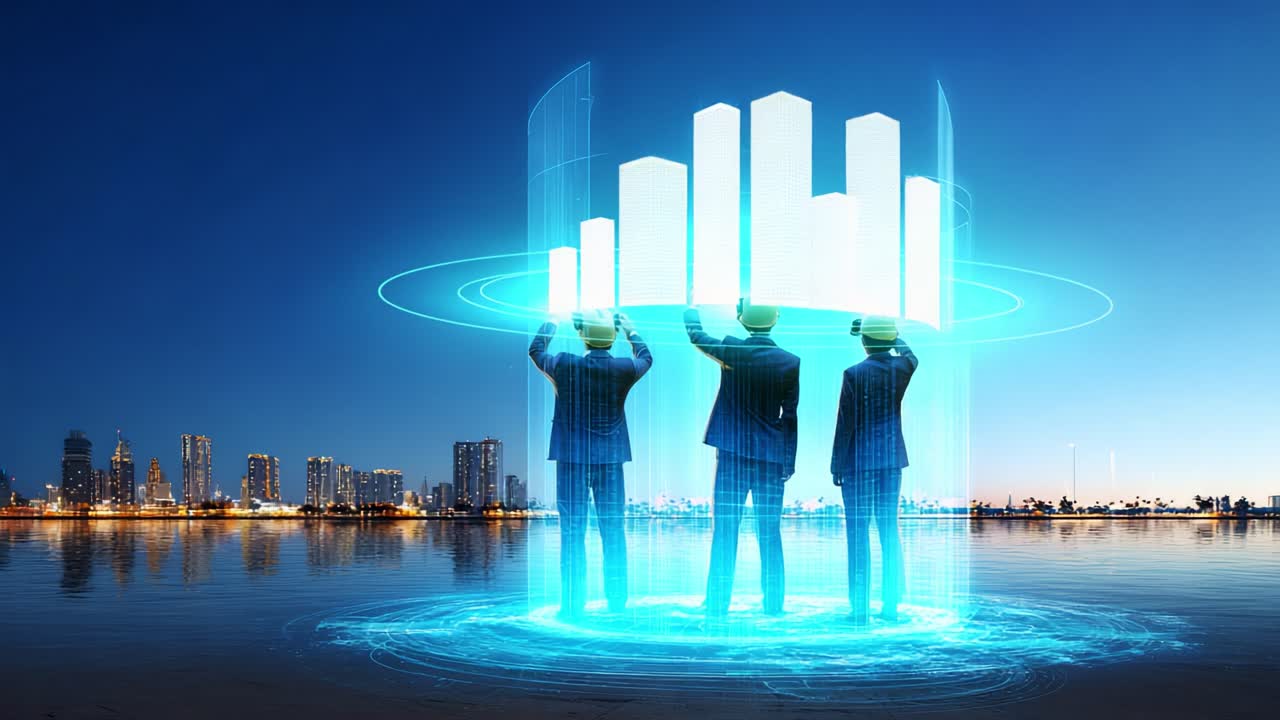 Three figures in business attire interact with a holographic projection, showcasing a digital landscape, emphasizing themes of technology, innovation, and collaboration amid an urban sunset backdrop