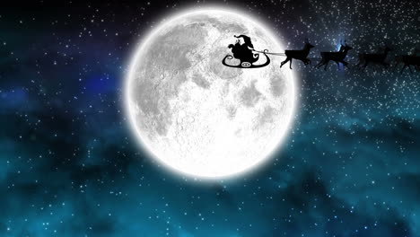 animation of santa claus in sleigh with reindeer over moon and shooting star