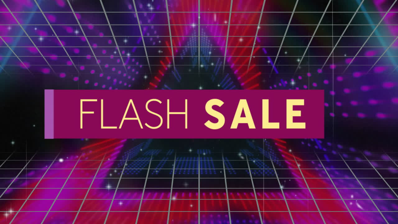 플래시 판매 텍스트 애니메이션 레트로 그리드와 다채로운 조명 배경