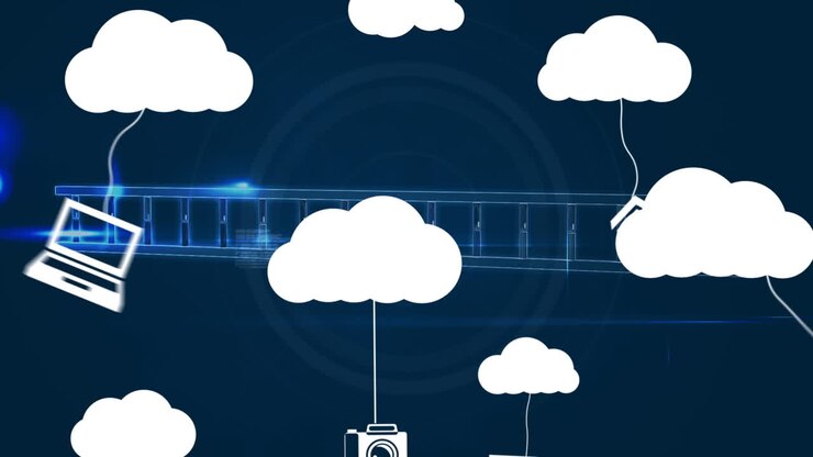 Animation of cloud icons and medical data processing over dark background