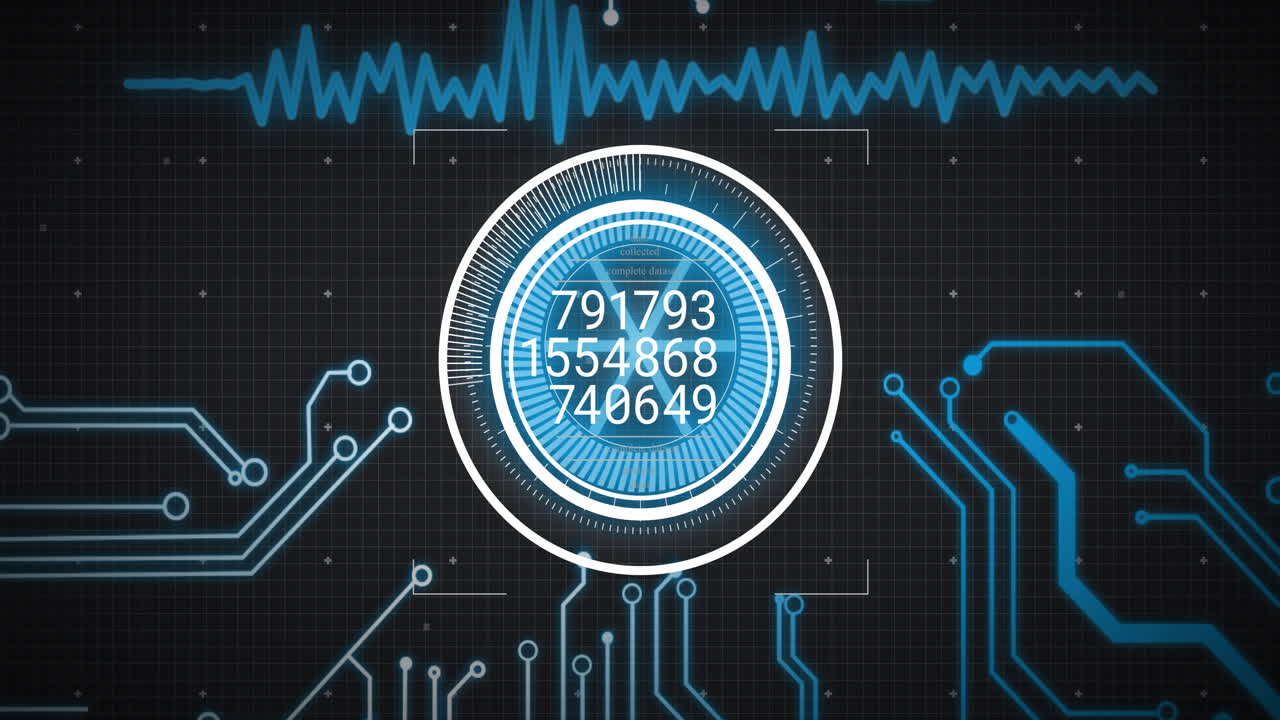 Animation of circular scanner processing data with motherboard network and graph on interface