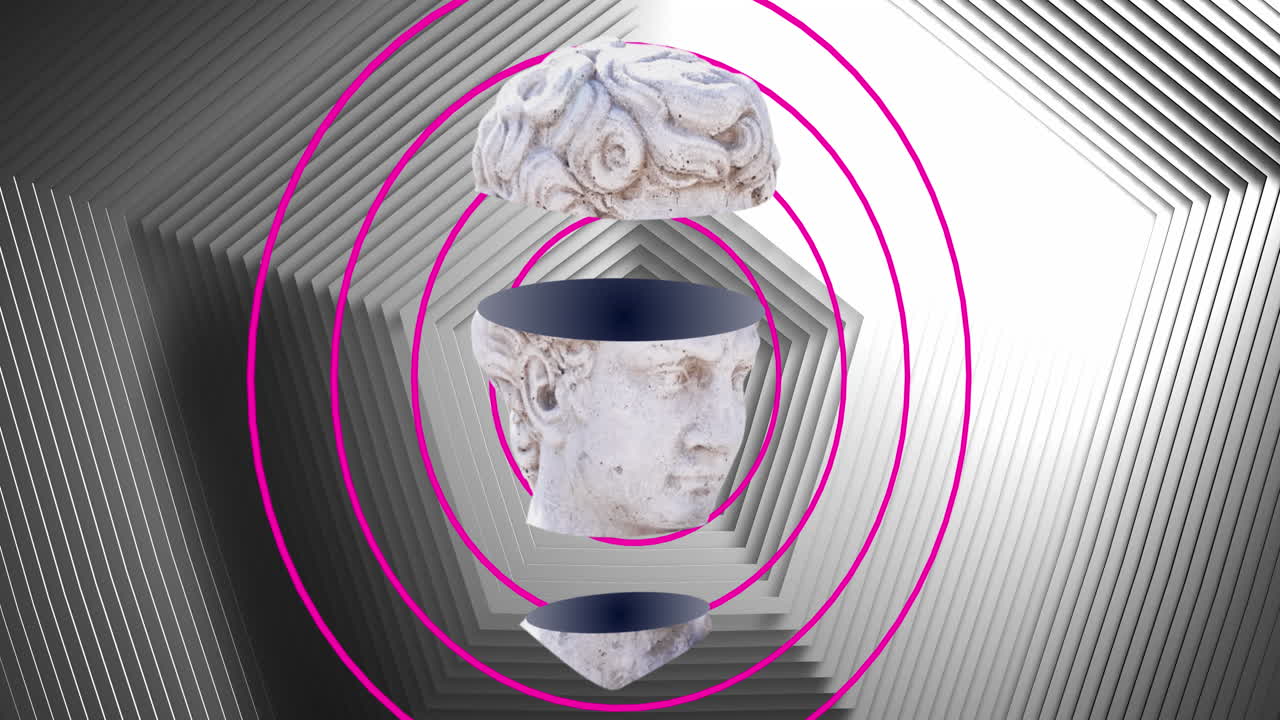 핑크색 반지와 회색 육각형 위에 움직이는 스플라이스 된 남성 고전 조각 부스트의 애니메이션