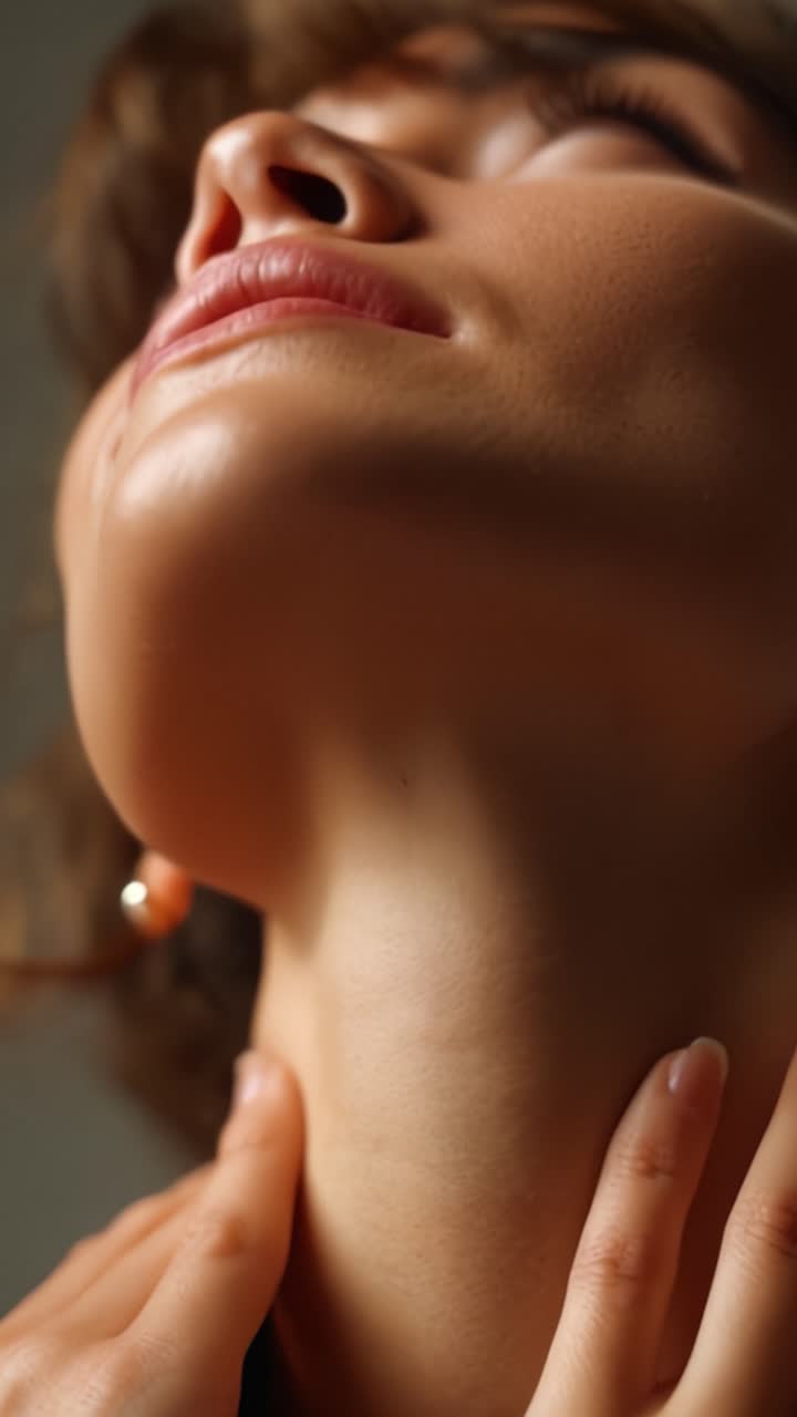 Bellezza Incantevole: Un Primo Piano Sereno del Collo e dell'Espressione Aggraziati di una Donna, che Sottolinea la Pelle Morbida e la Postura Elegante nella Fotografia Artistica