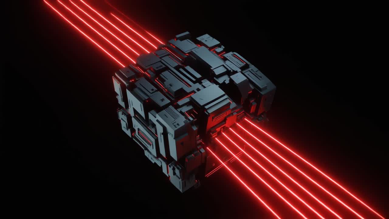 Futuristic Rotating Cube with Red Laser Beams on Dark Background