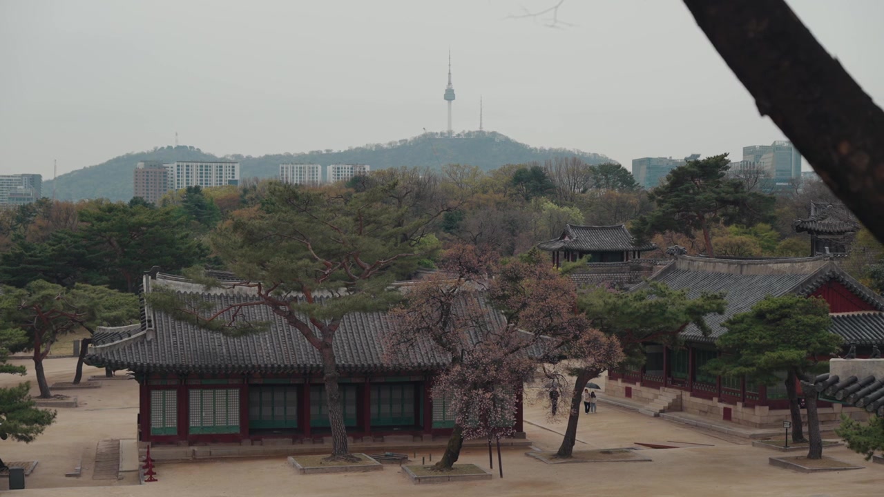 Complesso del palazzo tradizionale coreano con la N Seoul Tower e lo skyline di Seul.