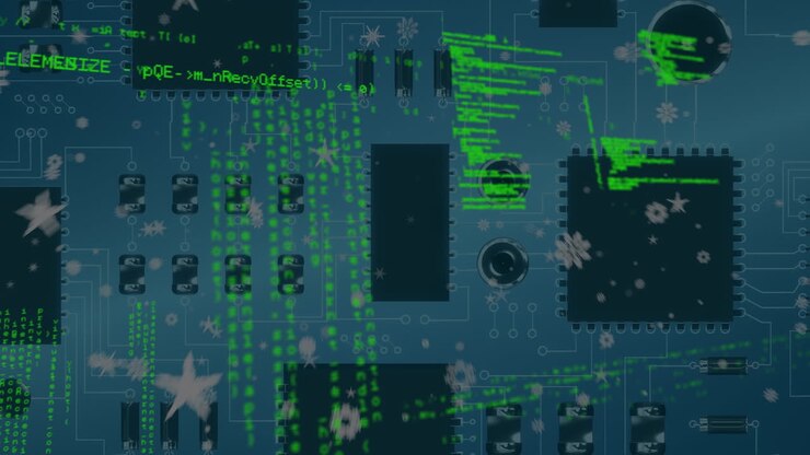 Animation of data processing and stars over computer circuit board on blue background