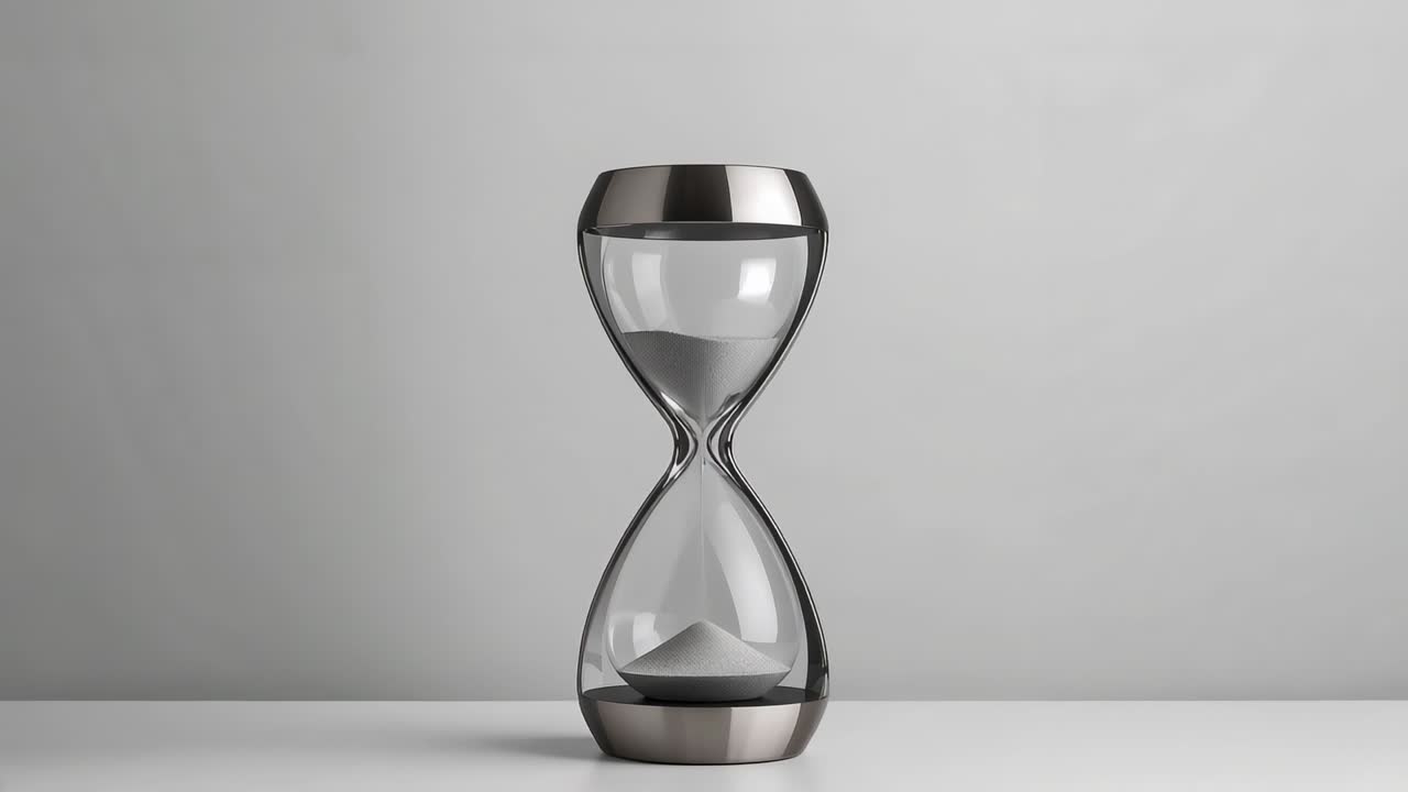 Dripping metal-framed hourglass trickling white sand on white tabletop, measuring passage of time