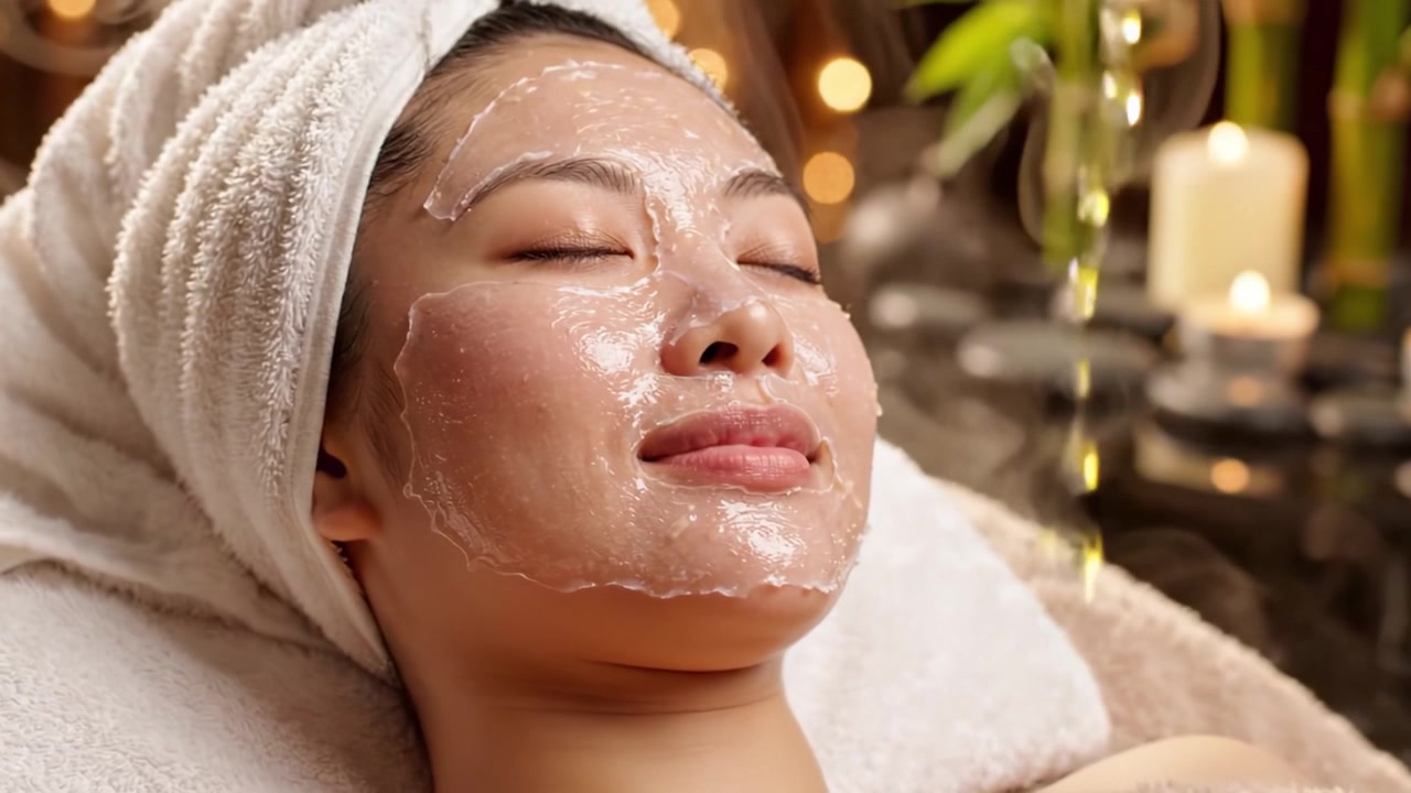 Relaxamento e Rejuvenescimento: Uma Jovem Desfruta de um Tratamento Facial em um Ambiente de Spa Sereno com Iluminação Suave e Aromas Calmantes