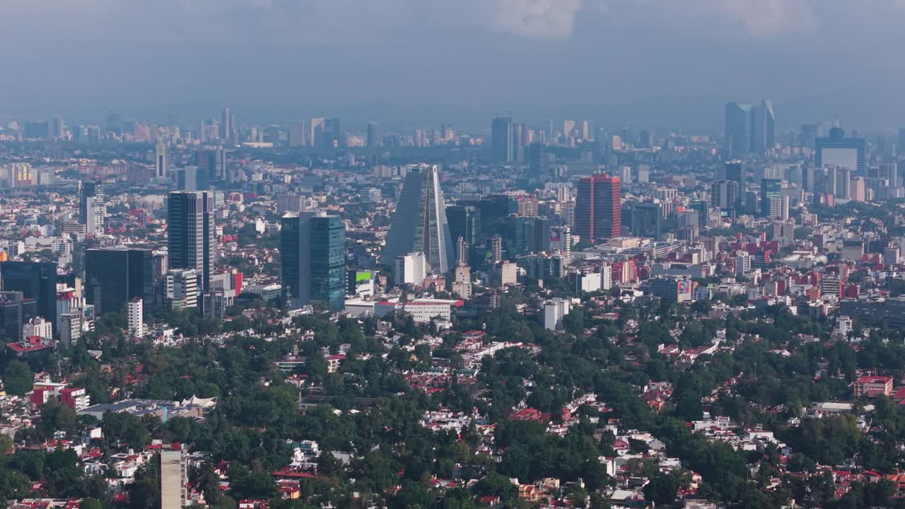 Hovering drone capture with long-focus lens of urban structures in Mexico City
