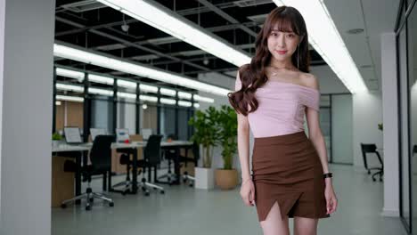 elegant businesswoman confidently walking through sleek modern office, projecting professional presence and sophisticated corporate style with dynamic energy