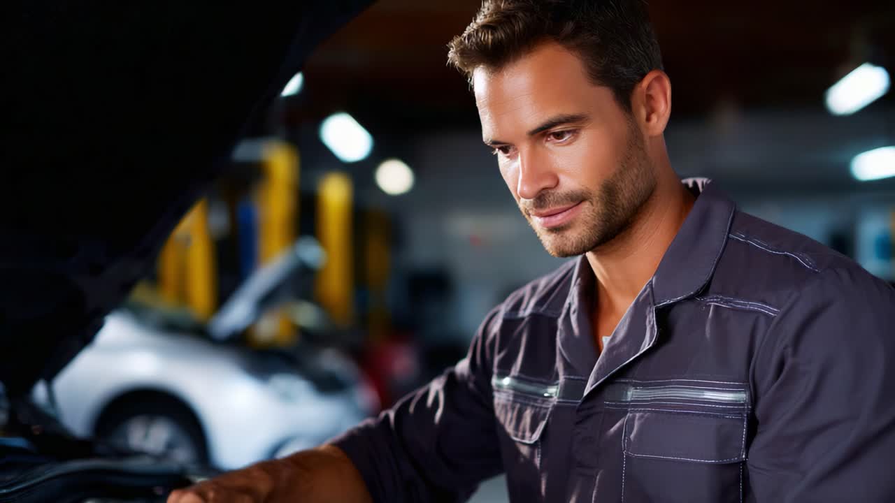 Meccanico concentrato sulla riparazione del motore di un'auto sotto il cofano in un ambiente di officina professionale, attenzione ai dettagli e competenza pratica