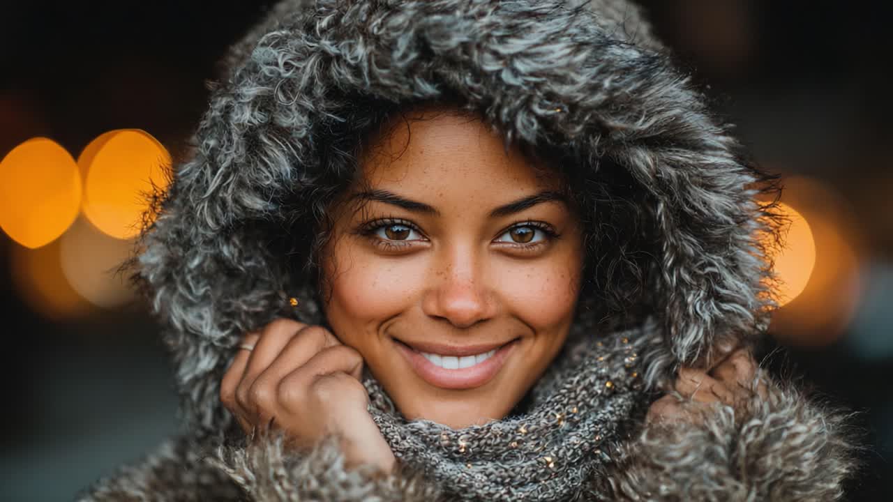 A Beautiful Close-Up Portrait of a Smiling Woman Wrapped in a Cozy Fur Hood with Twinkling Lights in the Background, Exuding Warmth and Joy
