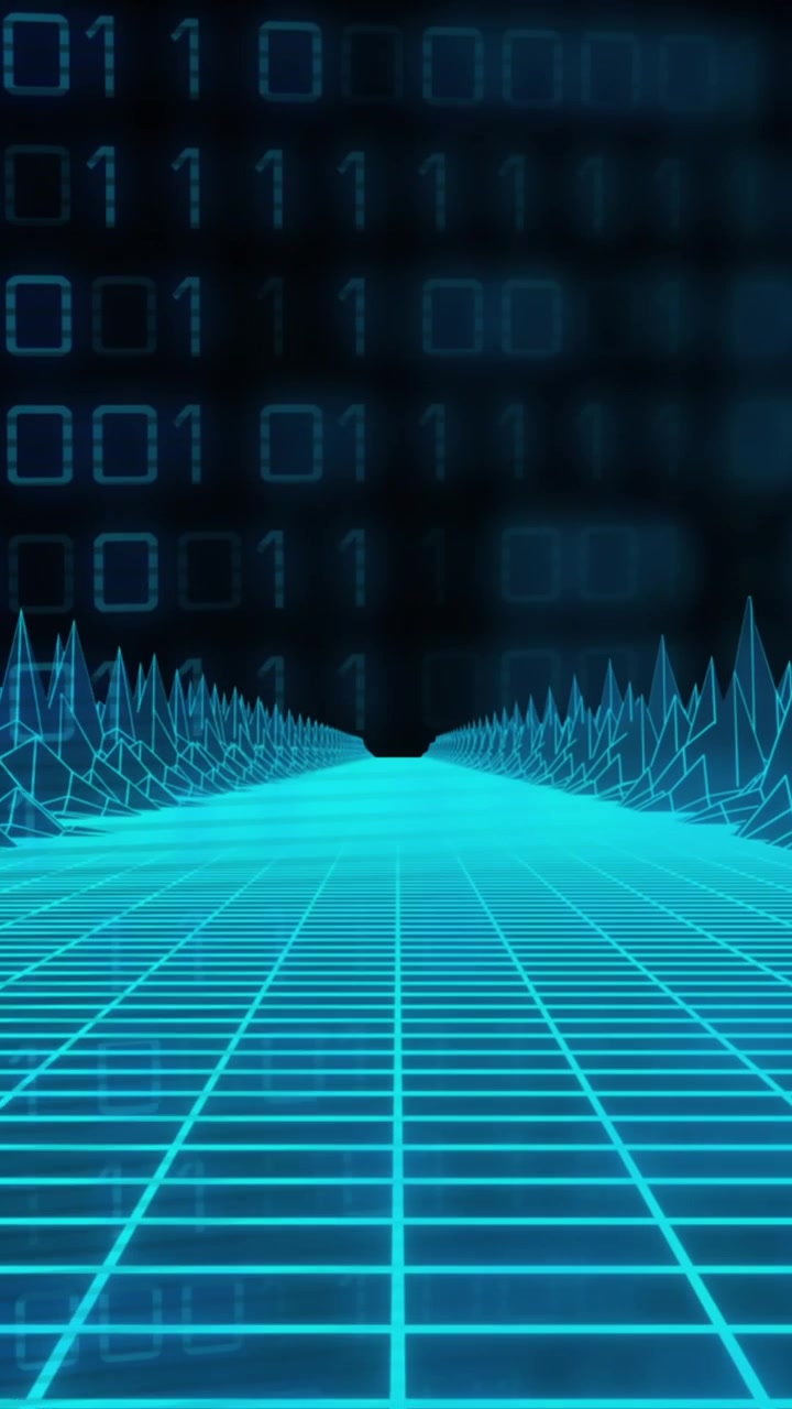 Animation of 3d model of grid pattern forming mountain over binary codes against black background