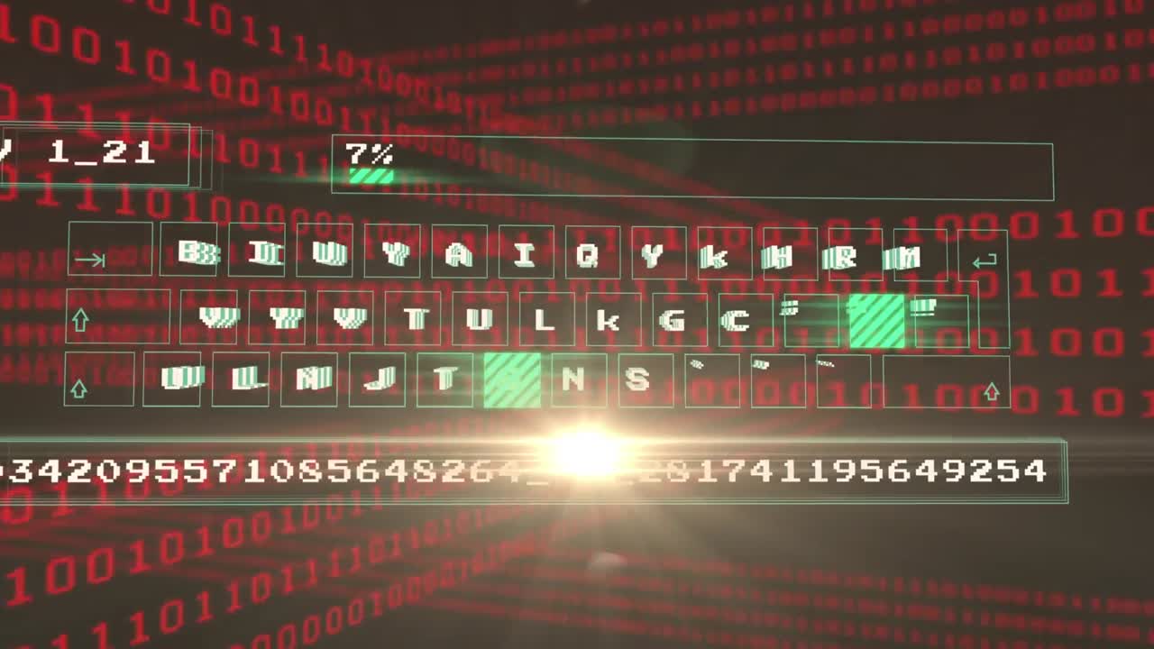Animation of binary coding, keyboard over data processing