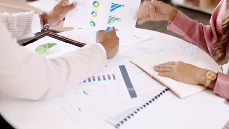 business people, hands and analytics on table