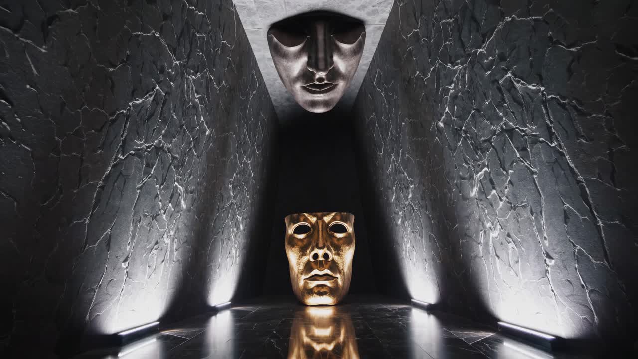Golden Mask in a Dark Modern Gallery