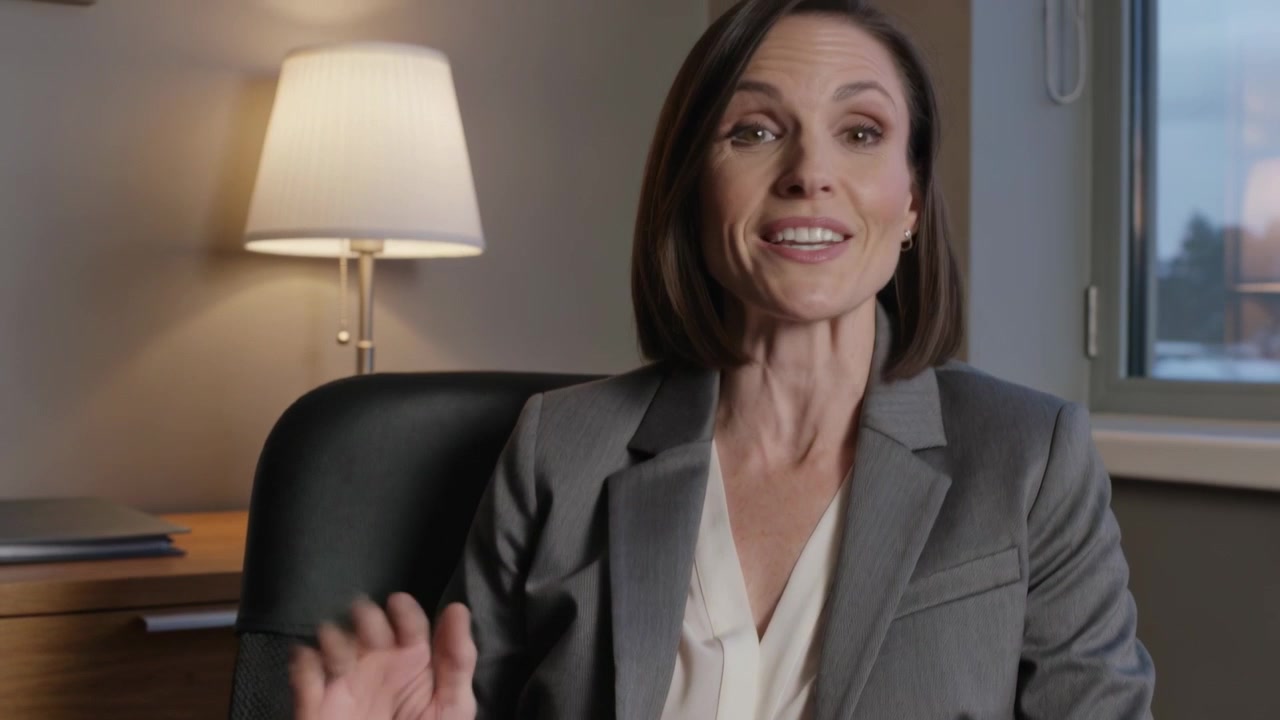 La telecamera si allontana, una donna in blazer grigio legge da una cartella di manila, sorridendo e parlando in ufficio.