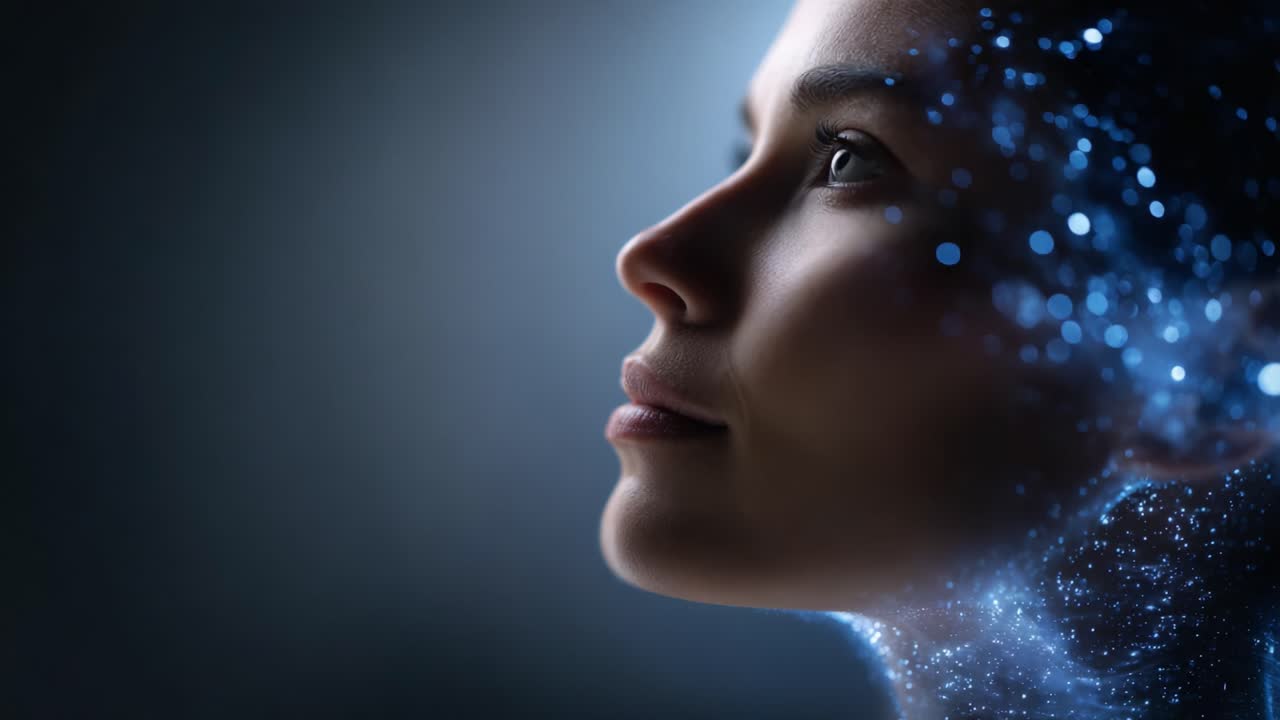 Un ritratto accattivante di una donna illuminata da luci blu astratte, che simboleggia la creatività, la tecnologia e la fusione delle emozioni umane con l'arte digitale