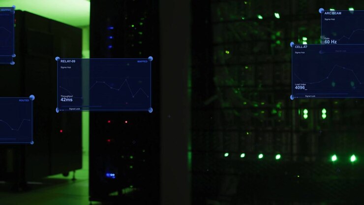 Rack servers idling while system overlays floating on signal, pinning, showing latency and capacity