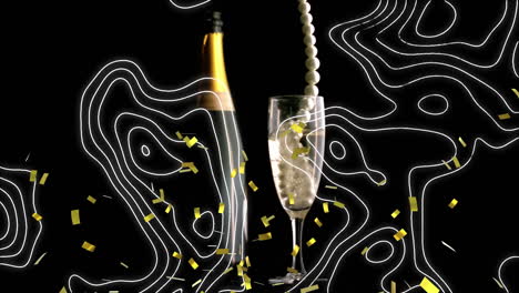 topography and confetti falling over pearl beads falling in champagne glass against black background