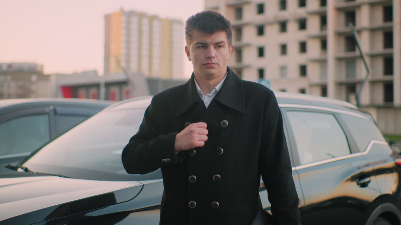 사상 속에 빠져서 사치스러운 차 근처에 서 있는 사업가, 옷 목걸이를 조정하고, 사무실 건물과 주차된 차가 배경으로, 도시 비즈니스 환경에서 의사 결정에 대해 반영하고 있습니다.