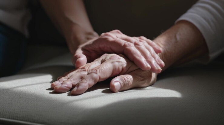 Reaching caregiver hand settling over senior hand on home cushion, white sleeve giving comfort