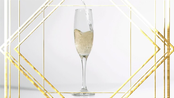 Animazione di linee, rombi su champagne versato in un bicchiere a flûte su sfondo bianco